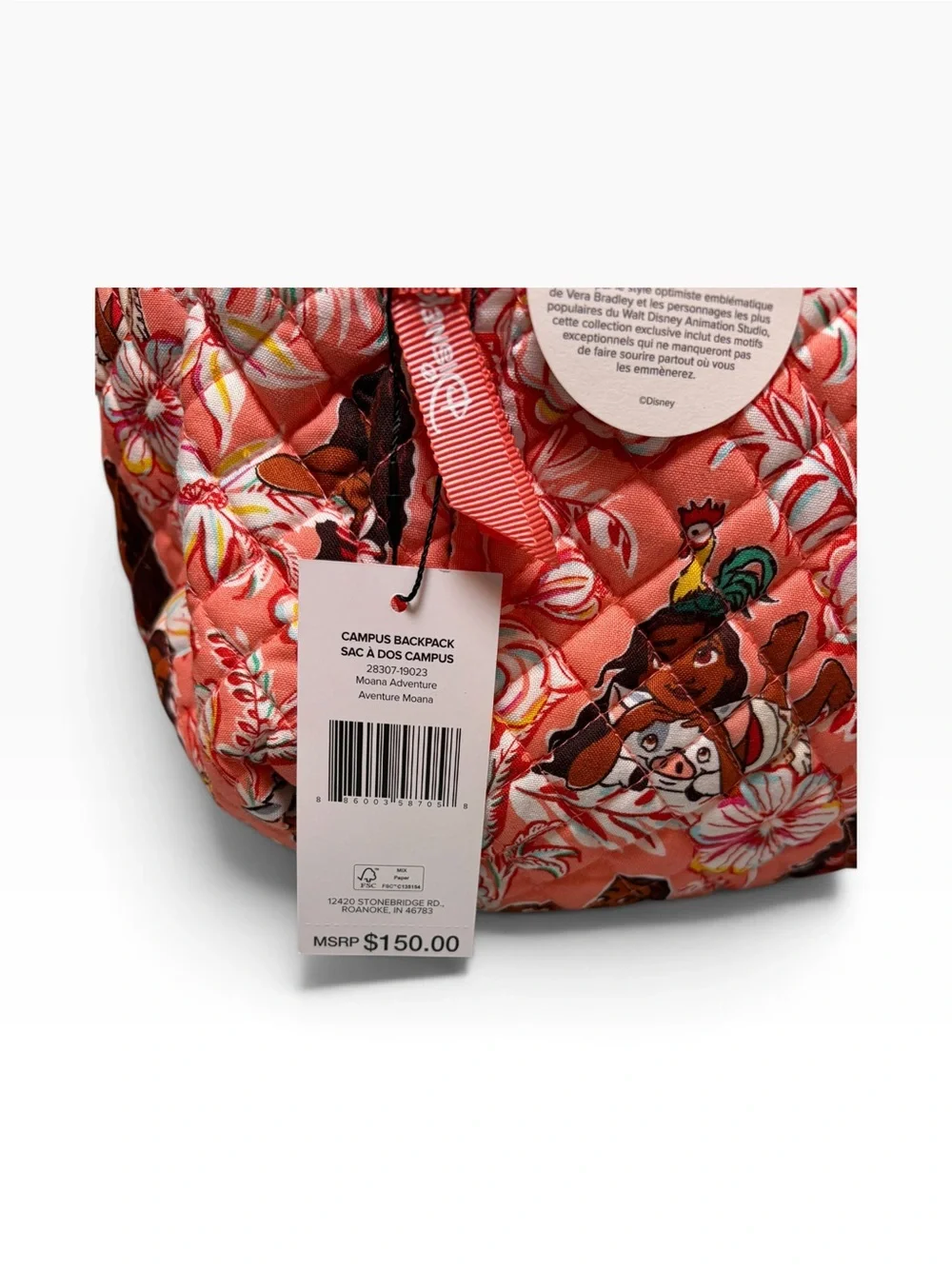 Vera Bradley X Disney Moana Pua Coral Floral Quilted Campus Laptop Backpack